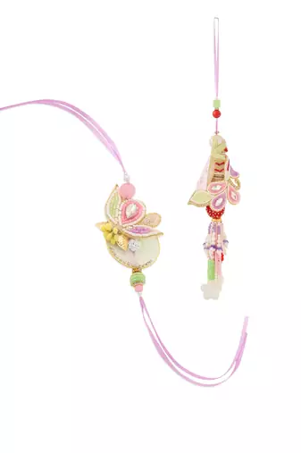 handcrafted set of 2 multicolor pearls bhaiya bhabhi rakhi with roli chawal chandan & mishri