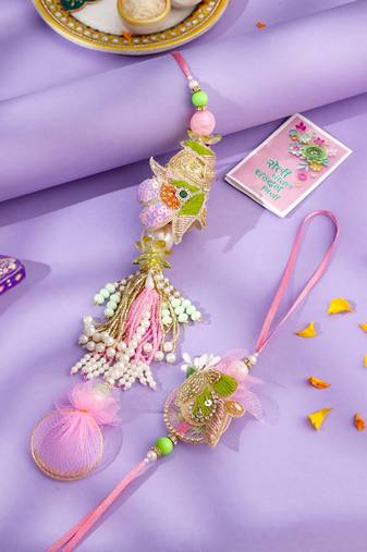 set of 2 handcrafted multicolor pearls bhaiya bhabhi rakhi with roli chawal chandan & mishri
