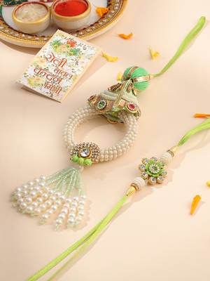 set of 2 handcrafted green artificial stones & pearls bhaiya bhabhi rakhi with roli chawal chandan & mishri 1