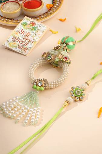 set of 2 handcrafted green artificial stones & pearls bhaiya bhabhi rakhi with roli chawal chandan & mishri
