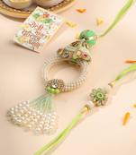 set of 2 handcrafted green artificial stones & pearls bhaiya bhabhi rakhi with roli chawal chandan & mishri