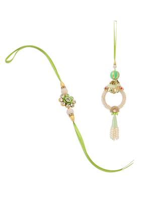 set of 2 handcrafted green artificial stones & pearls bhaiya bhabhi rakhi with roli chawal chandan & mishri 2
