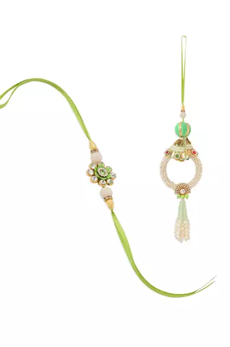 set of 2 handcrafted green artificial stones & pearls bhaiya bhabhi rakhi with roli chawal chandan & mishri