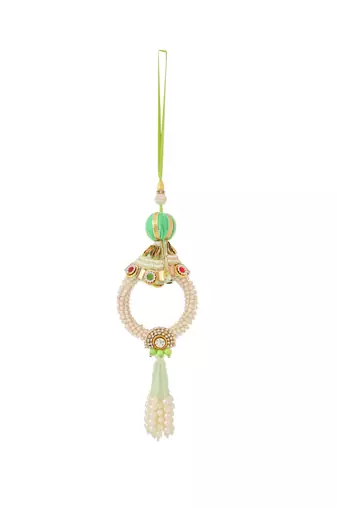 set of 2 handcrafted green artificial stones & pearls bhaiya bhabhi rakhi with roli chawal chandan & mishri