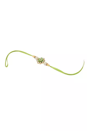 set of 2 handcrafted green artificial stones & pearls bhaiya bhabhi rakhi with roli chawal chandan & mishri