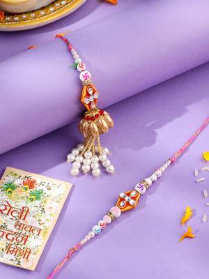 set of 2 multicolor artificial stones & pearls bhaiya bhabhi rakhi with roli chawal chandan & mishri 1