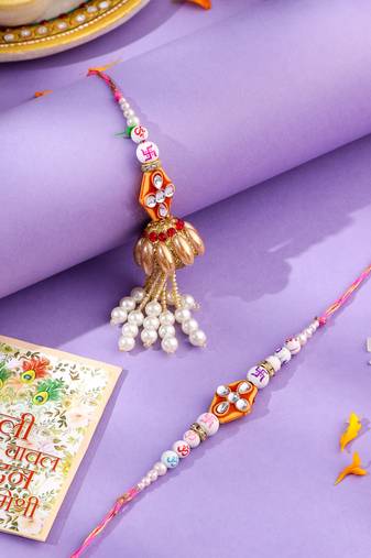 set of 2 multicolor artificial stones & pearls bhaiya bhabhi rakhi with roli chawal chandan & mishri