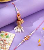 set of 2 multicolor artificial stones & pearls bhaiya bhabhi rakhi with roli chawal chandan & mishri