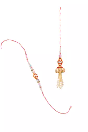 set of 2 multicolor artificial stones & pearls bhaiya bhabhi rakhi with roli chawal chandan & mishri