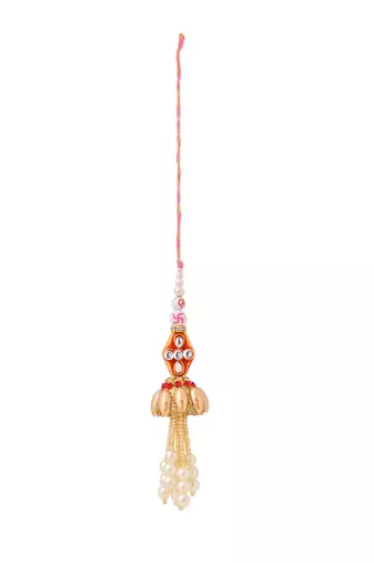 set of 2 multicolor artificial stones & pearls bhaiya bhabhi rakhi with roli chawal chandan & mishri