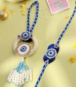 set of 2 blue evil eye artificial stones & pearls bhaiya bhabhi rakhi with roli chawal chandan & mishri