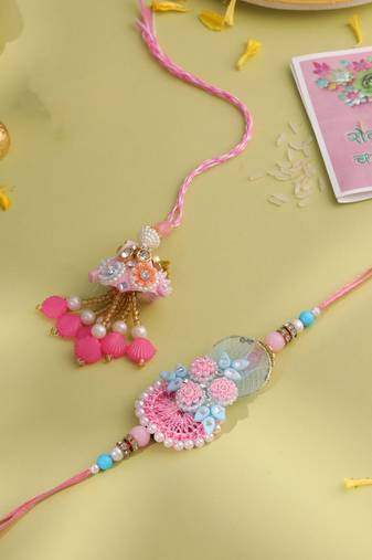 set of 2 multicolor handcrafted artificial stones & pearls bhaiya bhabhi rakhi with roli chawal chandan & mishri