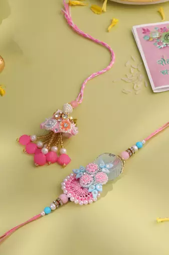 set of 2 multicolor handcrafted artificial stones & pearls bhaiya bhabhi rakhi with roli chawal chandan & mishri