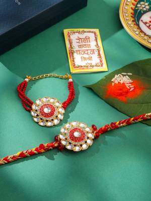 set of 2 handmade red kundan studded floral design bhaiya bhabhi rakhi with roli chawal chandan & mishri 1