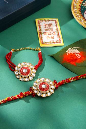 set of 2 handmade red kundan studded floral design bhaiya bhabhi rakhi with roli chawal chandan & mishri