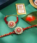 set of 2 handmade red kundan studded floral design bhaiya bhabhi rakhi with roli chawal chandan & mishri