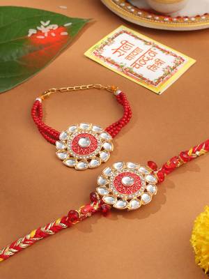 set of 2 handmade red kundan studded floral design bhaiya bhabhi rakhi with roli chawal chandan & mishri 2