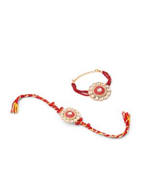 set of 2 handmade red kundan studded floral design bhaiya bhabhi rakhi with roli chawal chandan & mishri 3