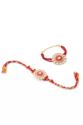 set of 2 handmade red kundan studded floral design bhaiya bhabhi rakhi with roli chawal chandan & mishri