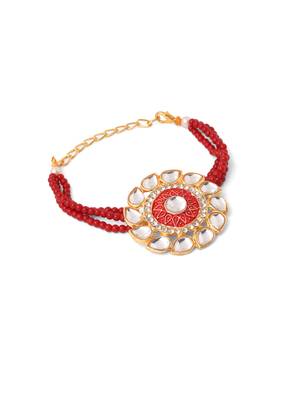 set of 2 handmade red kundan studded floral design bhaiya bhabhi rakhi with roli chawal chandan & mishri 4