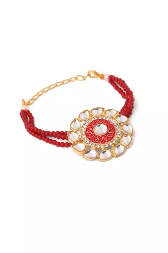set of 2 handmade red kundan studded floral design bhaiya bhabhi rakhi with roli chawal chandan & mishri