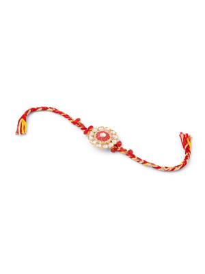 set of 2 handmade red kundan studded floral design bhaiya bhabhi rakhi with roli chawal chandan & mishri 5