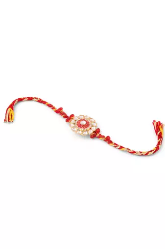 set of 2 handmade red kundan studded floral design bhaiya bhabhi rakhi with roli chawal chandan & mishri