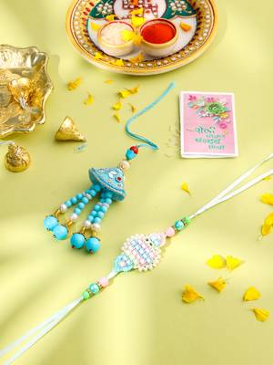 set of 2 blue & pink artificial stones & beads bhaiya bhabhi rakhi with roli chawal chandan & mishri 1