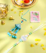 set of 2 blue & pink artificial stones & beads bhaiya bhabhi rakhi with roli chawal chandan & mishri