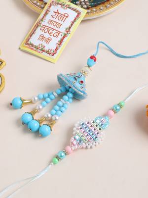 set of 2 blue & pink artificial stones & beads bhaiya bhabhi rakhi with roli chawal chandan & mishri 2