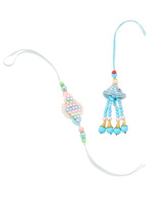 set of 2 blue & pink artificial stones & beads bhaiya bhabhi rakhi with roli chawal chandan & mishri 3
