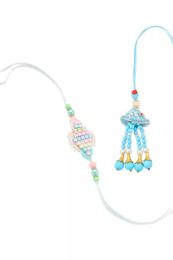 set of 2 blue & pink artificial stones & beads bhaiya bhabhi rakhi with roli chawal chandan & mishri