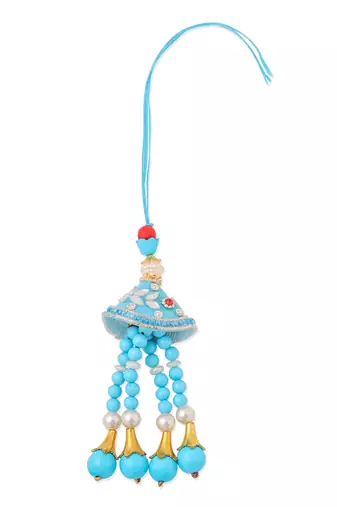 set of 2 blue & pink artificial stones & beads bhaiya bhabhi rakhi with roli chawal chandan & mishri