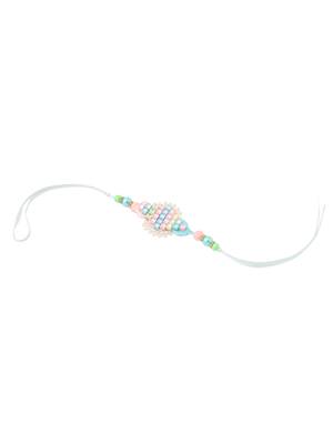 set of 2 blue & pink artificial stones & beads bhaiya bhabhi rakhi with roli chawal chandan & mishri 5