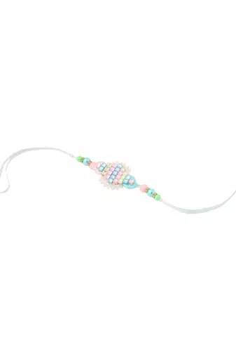 set of 2 blue & pink artificial stones & beads bhaiya bhabhi rakhi with roli chawal chandan & mishri