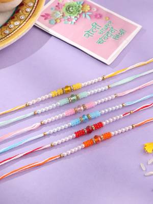 men set of 6 multicolor artificial stones & pearls rakhi with roli chawal chandan & mishri 1