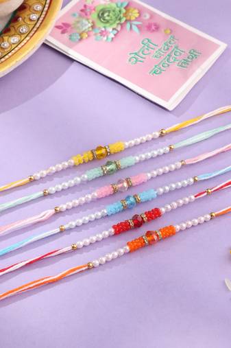 men set of 6 multicolor artificial stones & pearls rakhi with roli chawal chandan & mishri