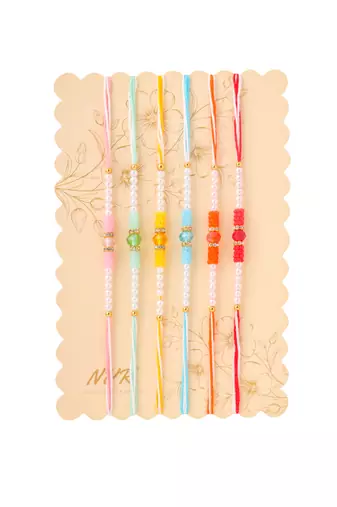 men set of 6 multicolor artificial stones & pearls rakhi with roli chawal chandan & mishri