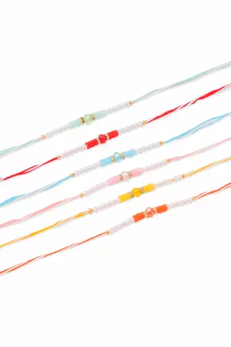 men set of 6 multicolor artificial stones & pearls rakhi with roli chawal chandan & mishri