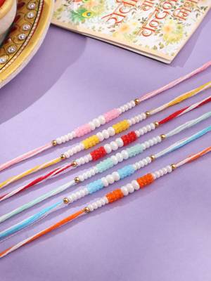 men set of 6 multicolor pearls thread rakhi with roli chawal chandan & mishri 1