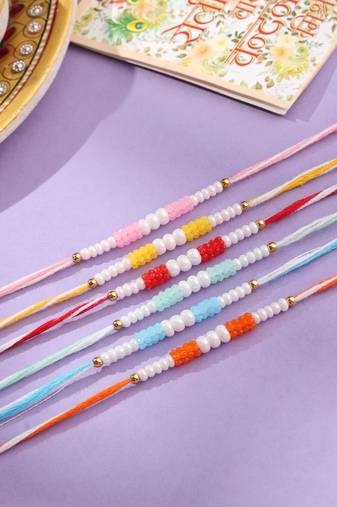 men set of 6 multicolor pearls thread rakhi with roli chawal chandan & mishri