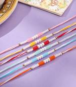 men set of 6 multicolor pearls thread rakhi with roli chawal chandan & mishri