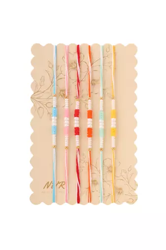 men set of 6 multicolor pearls thread rakhi with roli chawal chandan & mishri