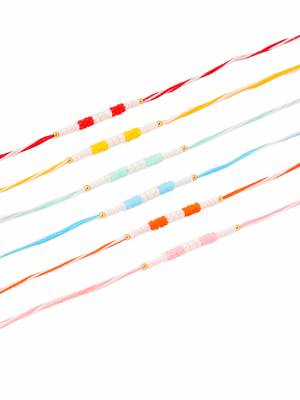men set of 6 multicolor pearls thread rakhi with roli chawal chandan & mishri 3