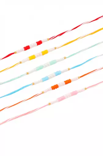 men set of 6 multicolor pearls thread rakhi with roli chawal chandan & mishri