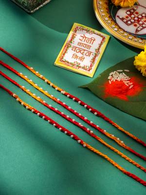 men set of 4 pearls traditional red thread rakhi with roli chawal chandan & mishri 1