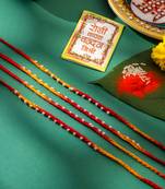 men set of 4 pearls traditional red thread rakhi with roli chawal chandan & mishri