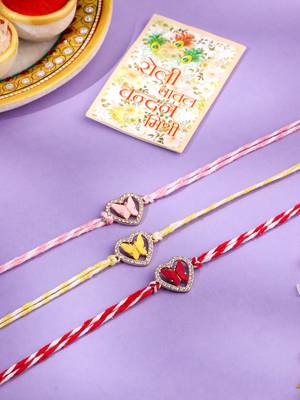men set of 3 heart shape multicolor artificial stones thread rakhi with roli chawal chandan & mishri 1