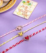 men set of 3 heart shape multicolor artificial stones thread rakhi with roli chawal chandan & mishri