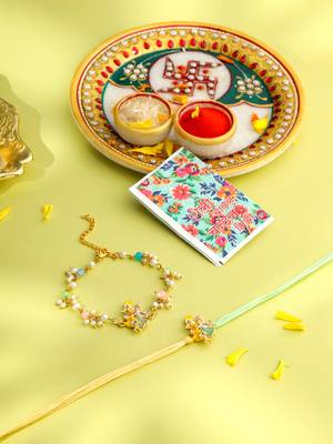 set of 2 multicolor gold toned radha krishna beaded bhaiya bhabhi rakhi with roli chawal chandan & mishri 1